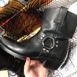 Frye black leather harness boots